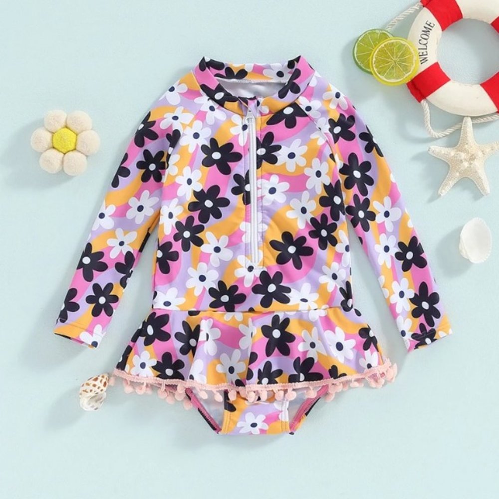 Girls Floral Long Sleeve Swimsuit Bathing Suit - Picture 2 of 3